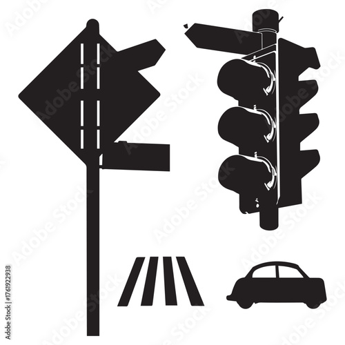 Collection of black silhouette icons representing traffic signals road signs pedestrian crossing and a car on a white background