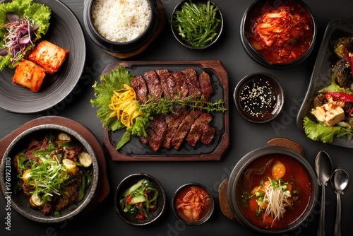 Overhead view of a diverse Asian feast with grilled meat, rice, and many side dishes