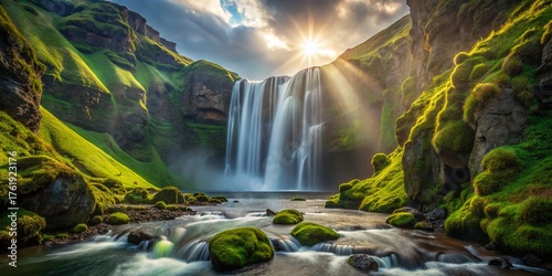 Majestic Icelandic Waterfall Cascading into Mossy Gorge - Stock Photo