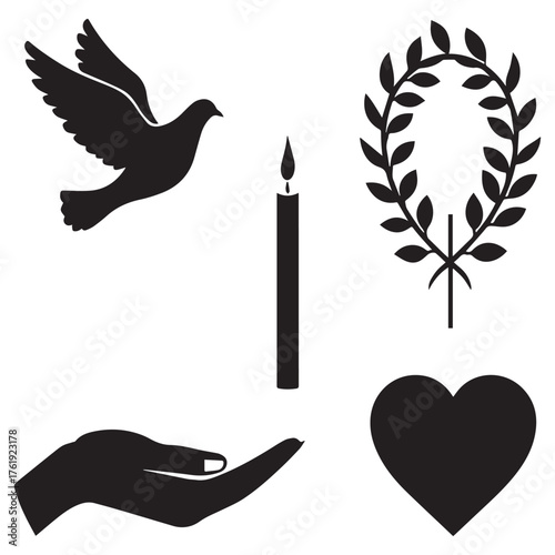 Collection of black silhouettes representing peace hope remembrance and love including dove candle laurel wreath and open hand
