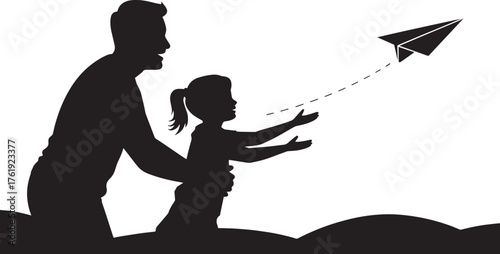 Silhouette Father Daughter Play Time Launching Paper Airplane Fun Outdoors Family Bonding Moment