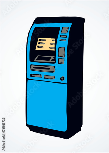 Web line store loan display bancomat kiosk pin code keypad teller device on white paper. Blue color hand drawn earn dollar bill salary monitor keyboard logo sign icon concept in graphic cartoon style