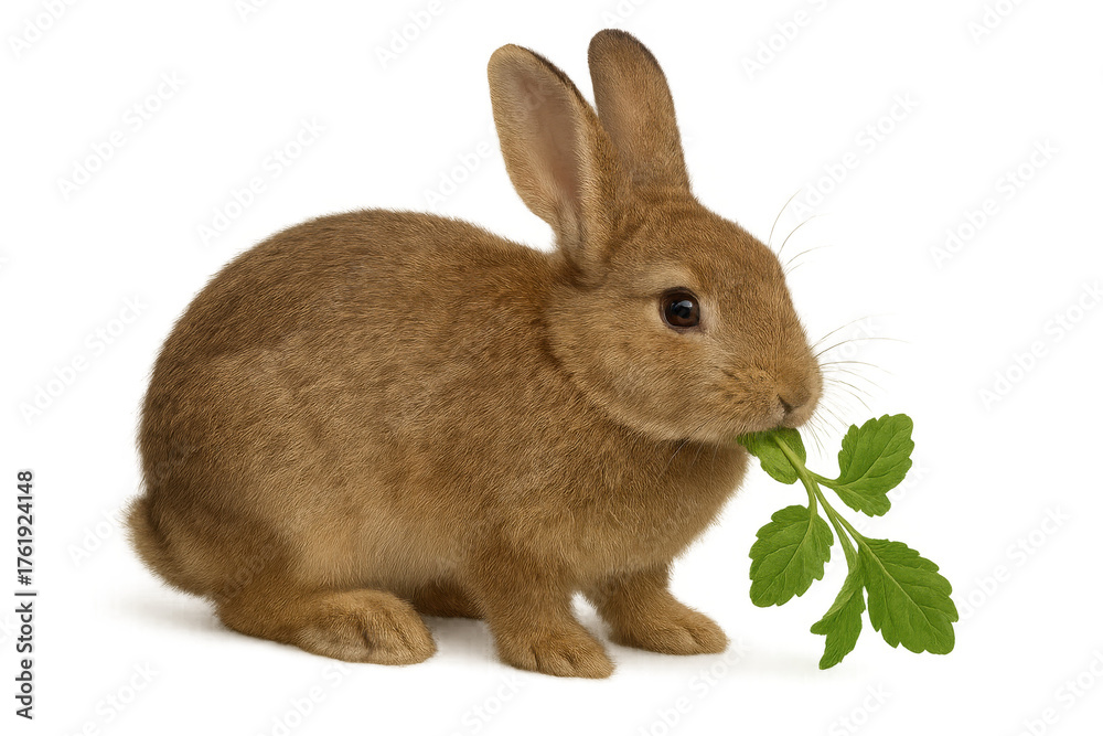 Obraz premium Brown bunny eating fresh green leafy plant, adorable domestic rabbit feeding on healthy food with transparent background