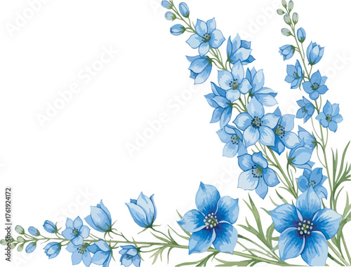 Blue watercolor delphinium flowers forming a corner border isolated on white background