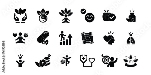 wellness icons set. wellness, relaxation, personal growth, meditation, spirituality, tai chi, meditation, stress management and more. simple solid vector illustration