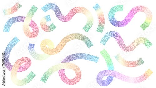 Abstract colorful stipple gradient lines and wave shapes – modern 3D vector ribbon design with organic rainbow curves, fun doodle pattern elements, and vibrant color gradation graphics set