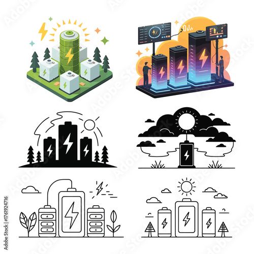 Sustainable energy vector illustrations focusing on alternative energy sources and battery power