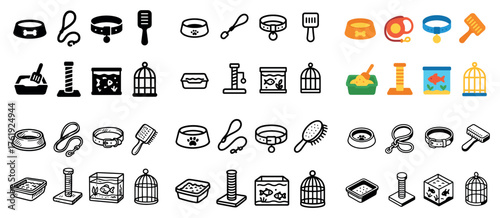 Pet accessories icons set - toys, collars, cages