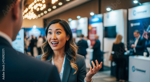 Enthusiastic woman engaging in networking at business event, professional connection building