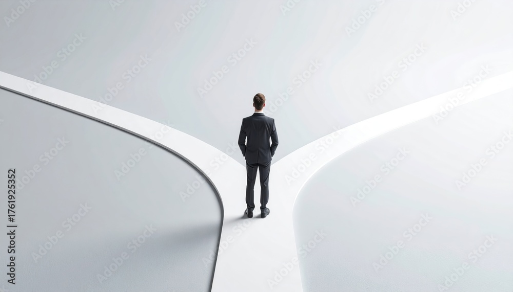 Fototapeta premium person standing at a literal intersection or forked path, symbolizing decision-making and life choices