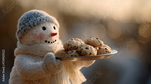 Cozy snowman in winter woolens presents chocolate chip cookies, evoking Hygge spirit and whimsical Yulee tidings