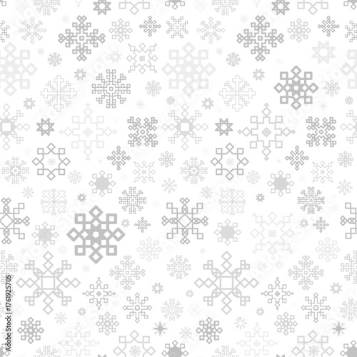 Seamless Winter Snowflake Pattern in gray and silver monochrome colors is perfect for winter designs, wrapping paper, greeting cards, packaging, textiles, and modern holiday branding. Vector