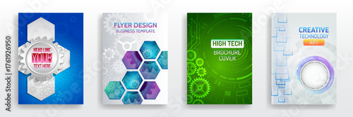 Perfect for presentations, flyers, business, and high-tech designs. Set of modern technology brochure templates with gear and hexagon elements in blue, green, and gradient tones.