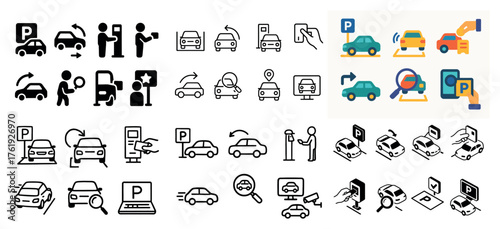 Car parking icons set with various symbols and signs