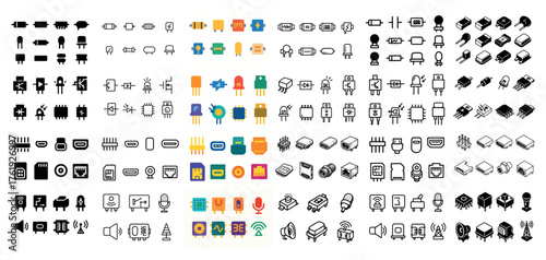 Diverse electronic icon set in various styles