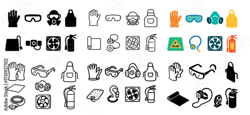Safety equipment icons: gloves, goggles, aprons, masks