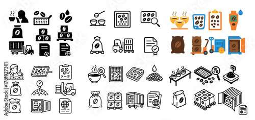 Coffee production icons collection in various styles