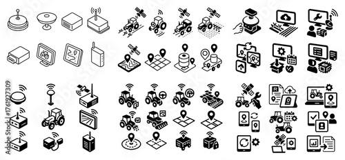 Isometric icons of technology and agriculture