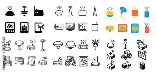 Icons of satellite, antenna, gps, and wireless tech