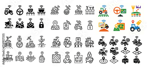 Smart farming icons set with technology and gps