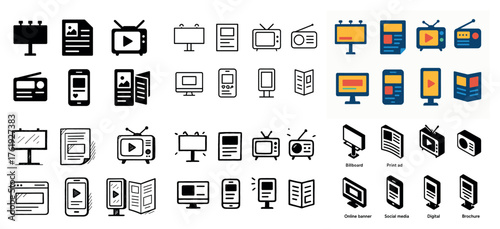 Various media icons in different styles and colors