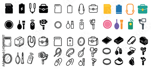 Camera and accessories icons in various styles