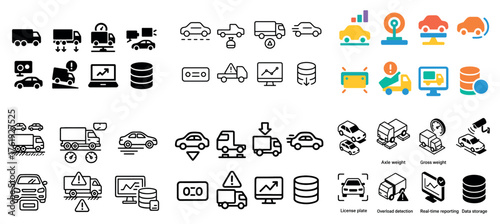Vehicle and data technology icons set