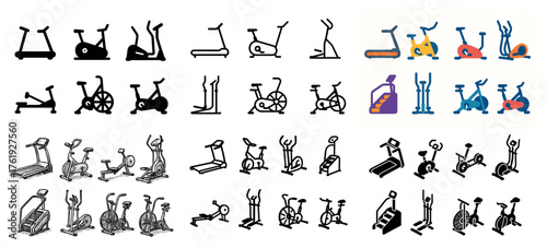 Variety of exercise machines icon set collection