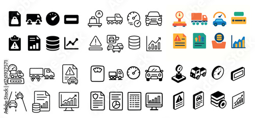 Diverse icon set: vehicles and analytics symbols