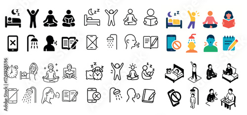 Diverse icons of daily routines and relaxation