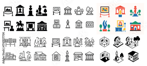Museum icons and art displays in various styles