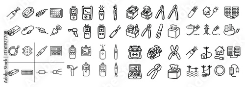Electrical tools and network equipment icons set