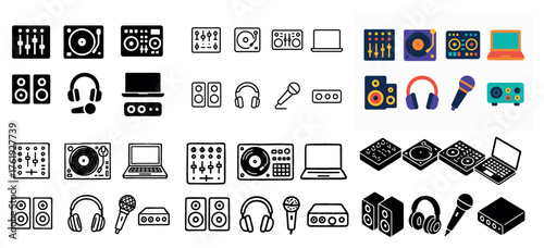 Diverse dj equipment icons and music tools collection