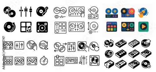 Dj equipment icons collection with turntables