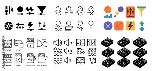 Music icon set: effects, symbols, and controls