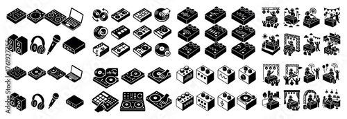 Isometric dj equipment and party icon set