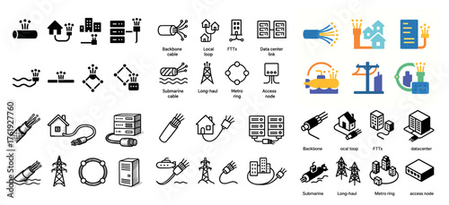 Network infrastructure icons: cable, data center, node