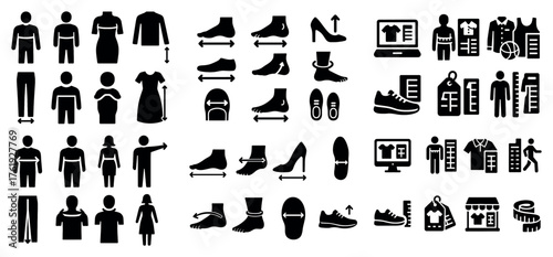 Clothing size measurement icons and silhouettes set