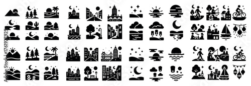 Icon set of various landscapes and urban scenes