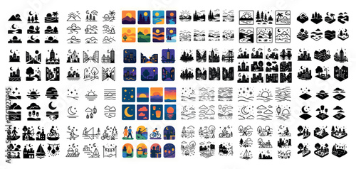 Icon set of landscapes and cityscapes in various styles