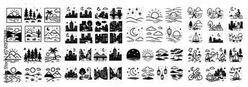Hand-drawn landscape and cityscape icon collection