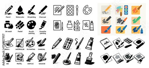 Art tools collection: paint, brushes, pencils, charcoal