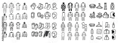 Collection of various clothing and accessories sketches