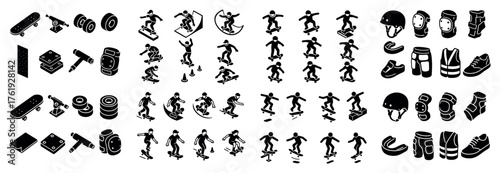 Skateboarding icon set with gear and tricks