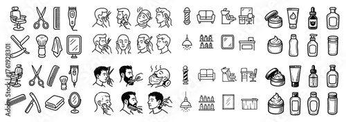 Barber tools and haircuts icon set collection