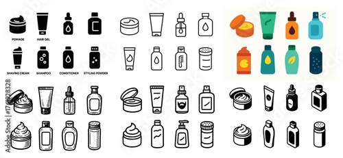 Grooming product icons: bottles, tubes, sprays