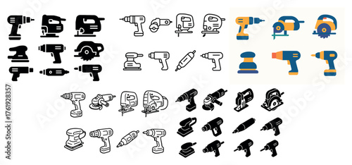 Various power tools icon set in different styles