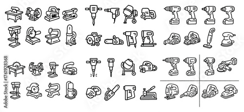 Hand tools icons collection: saws, drills, grinders