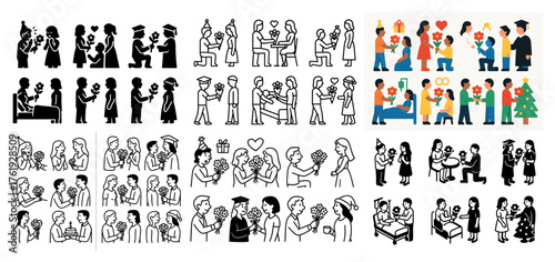 Diverse celebrations with people giving flowers