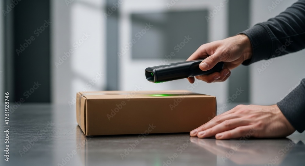 Fototapeta premium Hand scanning a package with a barcode scanner on a countertop 